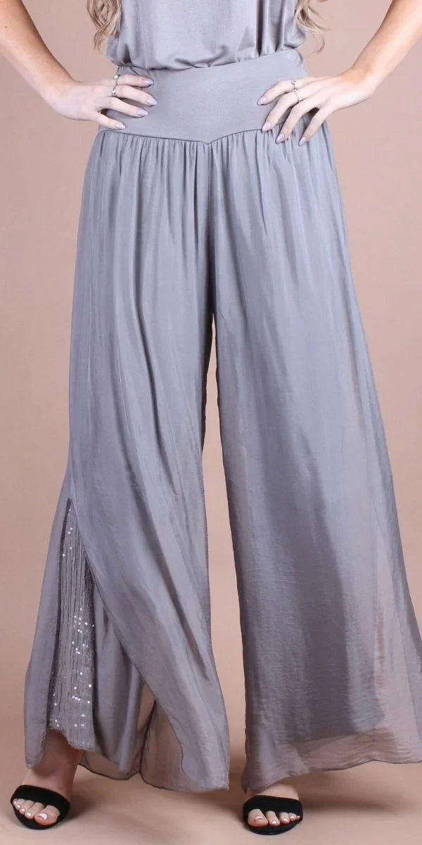 Wide-leg gray silk palazzo pants with sequin detailing and a high waistband, women's fashion