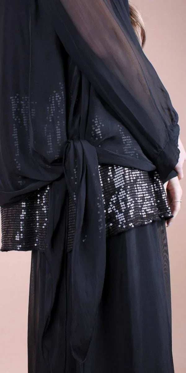 Black sheer blouse with sequin details and waist tie, elegant women's fashion