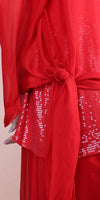 Red sequin blouse with sheer sleeves and a fabric tie waist, elegant women's fashion