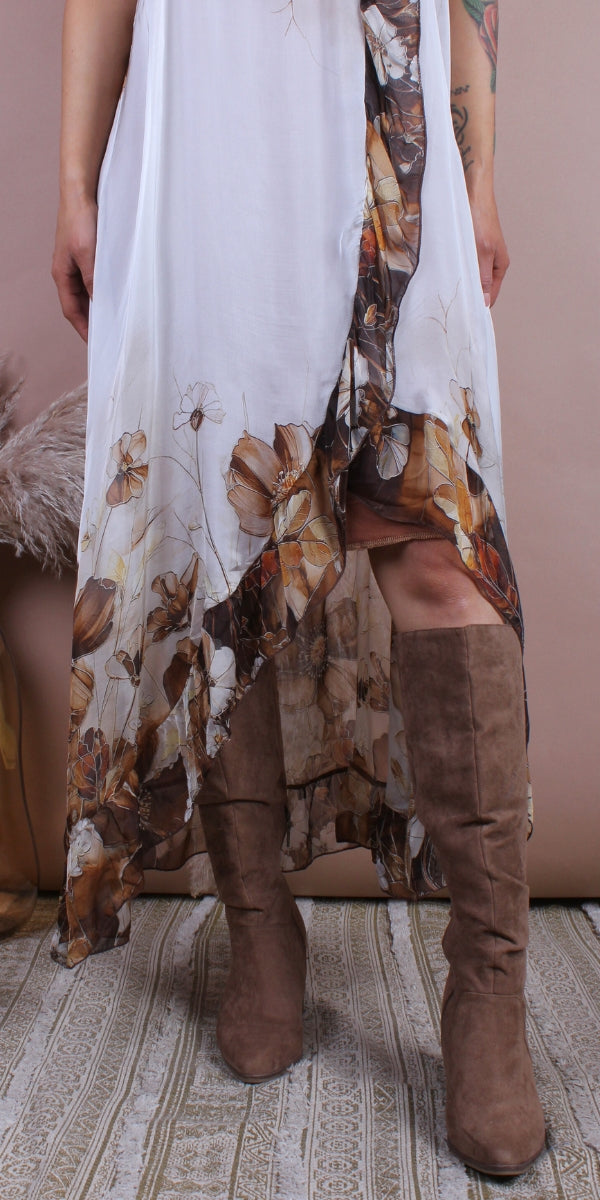 Florence Maxi Dress - Gigi Moda - Made in Italy # Dress, floral, flowy dress, Gigi Moda, high low, high low dress, Made in Italy, Maxi, Maxi Dress, OS, resort, resort dress, resort wear, ruffled hem, Silk, Sleeveless, Spaghetti Strap, spaghetti strap dress, Spaghetti Straps