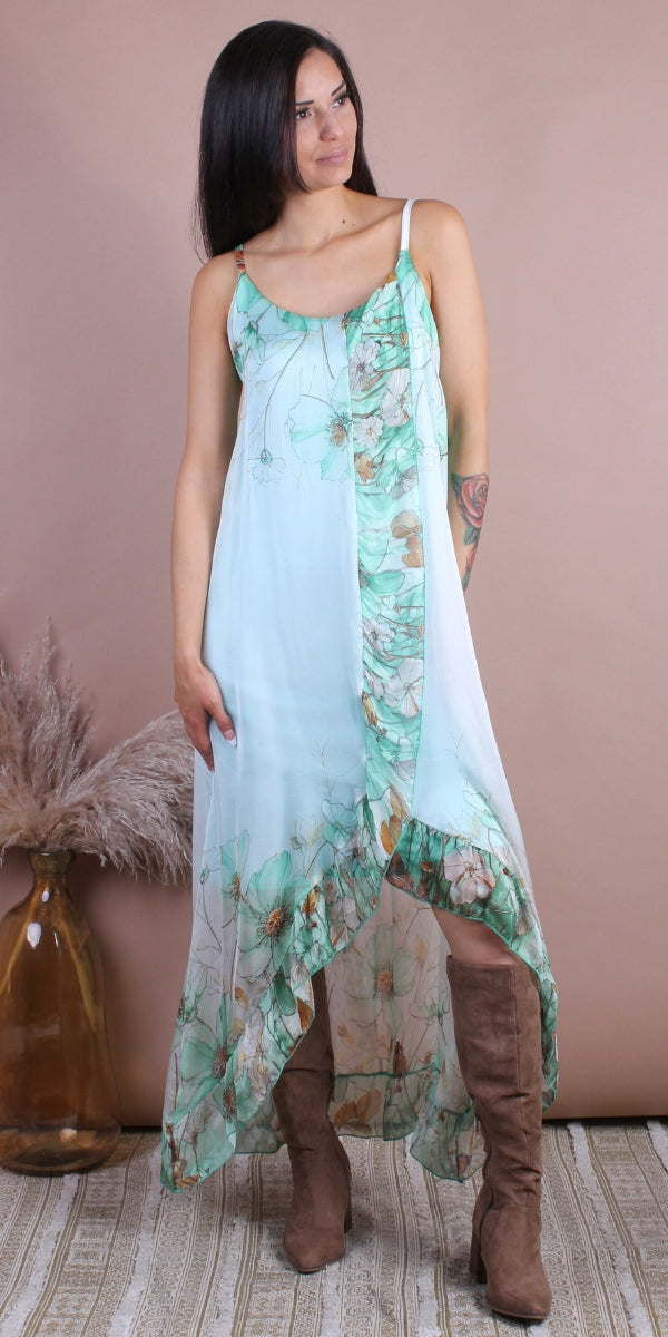 Florence Maxi Dress - Gigi Moda - Made in Italy # Dress, floral, flowy dress, Gigi Moda, high low, high low dress, Made in Italy, Maxi, Maxi Dress, OS, resort, resort dress, resort wear, ruffled hem, Silk, Sleeveless, Spaghetti Strap, spaghetti strap dress, Spaghetti Straps