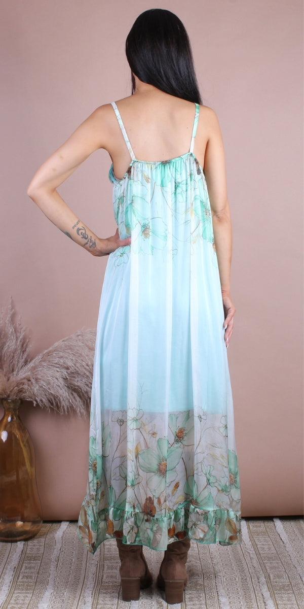 Florence Maxi Dress - Gigi Moda - Made in Italy # Dress, floral, flowy dress, Gigi Moda, high low, high low dress, Made in Italy, Maxi, Maxi Dress, OS, resort, resort dress, resort wear, ruffled hem, Silk, Sleeveless, Spaghetti Strap, spaghetti strap dress, Spaghetti Straps