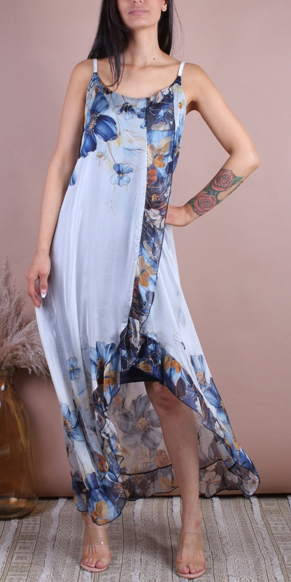 Florence Maxi Dress - Gigi Moda - Made in Italy # Dress, floral, flowy dress, Gigi Moda, high low, high low dress, Made in Italy, Maxi, Maxi Dress, OS, resort, resort dress, resort wear, ruffled hem, Silk, Sleeveless, Spaghetti Strap, spaghetti strap dress, Spaghetti Straps