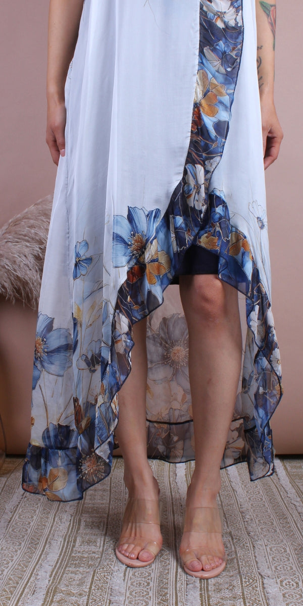 Florence Maxi Dress - Gigi Moda - Made in Italy # Dress, floral, flowy dress, Gigi Moda, high low, high low dress, Made in Italy, Maxi, Maxi Dress, OS, resort, resort dress, resort wear, ruffled hem, Silk, Sleeveless, Spaghetti Strap, spaghetti strap dress, Spaghetti Straps