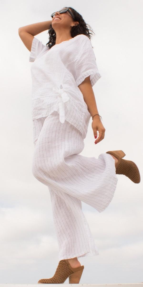 Vela Linen Top - Gigi Moda - Made in Italy # 100% Linen, bow, Gigi Moda, italian top, Linen, Made in Italy, OS, striped, Top