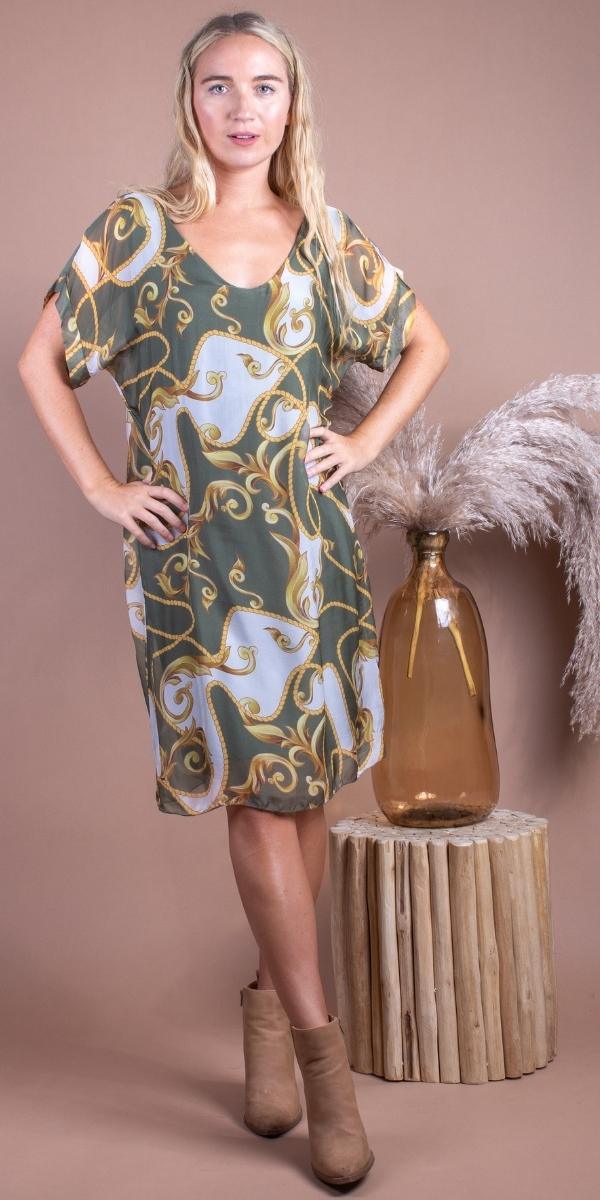 Teramo Baroque Dress - Gigi Moda - Made in Italy # 100% Silk, baroque, free shipping, Gigi Moda, italian silk, italian silk dress, knee length dress, lose fitting, Made in Italy, maxretail, round neck, short sleeve dress, silk dress