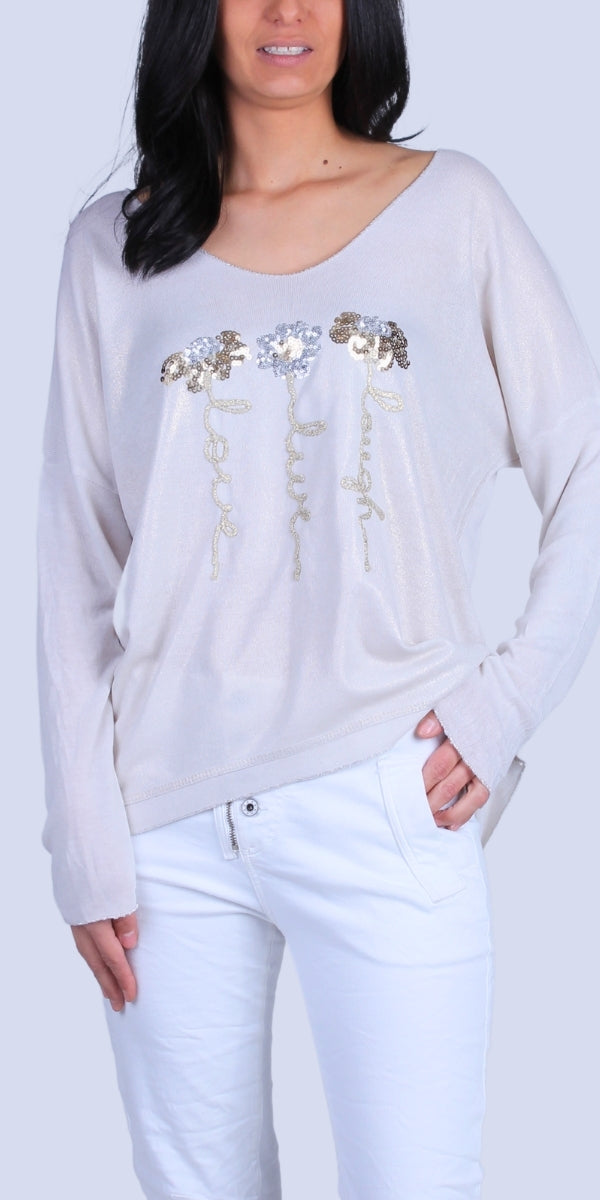 Alexis Top with Sequin Flowers - Gigi Moda - Made in Italy # Blouses, Comforatable fit, Flowers, Gigi Moda, Long Sleeve, Made in Italy, Rolled Sleeves, Sequins, shirt, Tops, Womans clothing