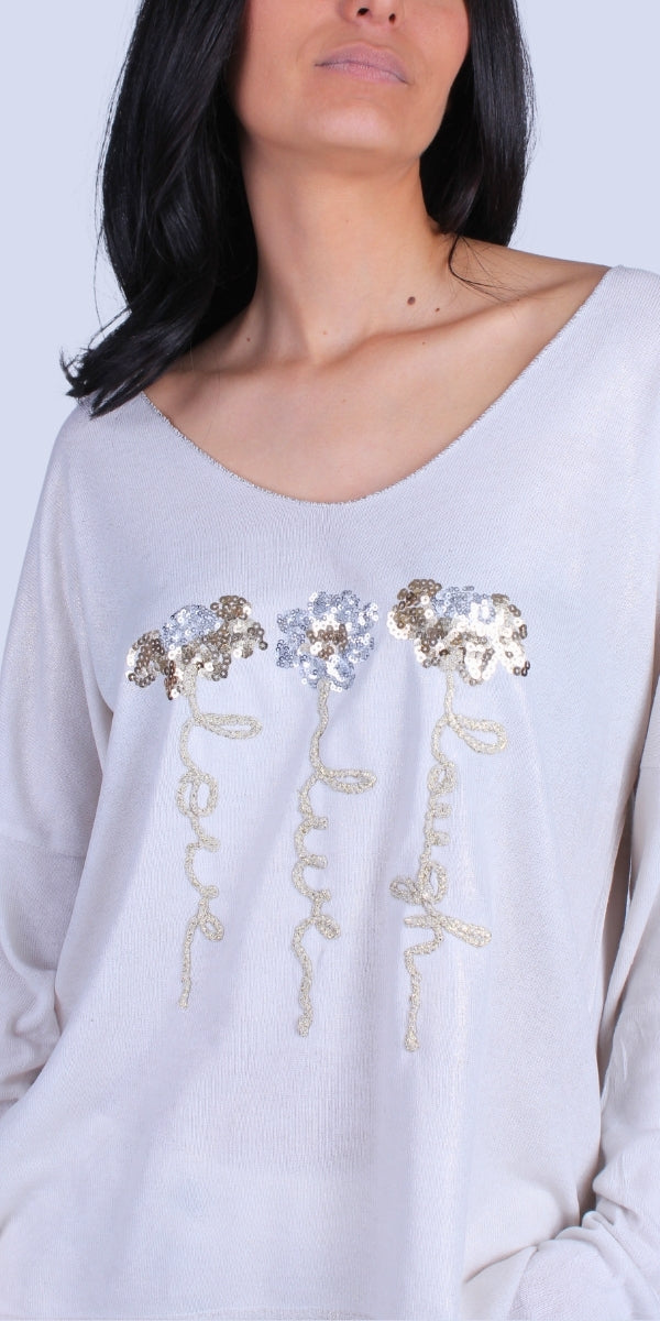 Alexis Top with Sequin Flowers - Gigi Moda - Made in Italy # Blouses, Comforatable fit, Flowers, Gigi Moda, Long Sleeve, Made in Italy, Rolled Sleeves, Sequins, shirt, Tops, Womans clothing