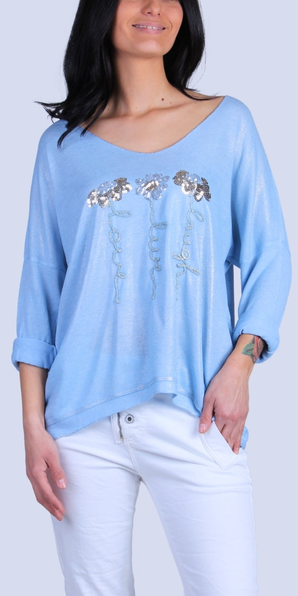 Alexis Top with Sequin Flowers - Gigi Moda - Made in Italy # Blouses, Comforatable fit, Flowers, Gigi Moda, Long Sleeve, Made in Italy, Rolled Sleeves, Sequins, shirt, Tops, Womans clothing