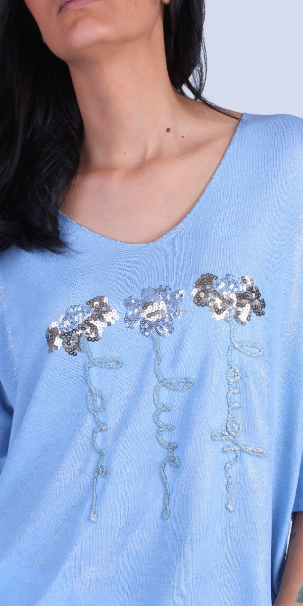 Alexis Top with Sequin Flowers - Gigi Moda - Made in Italy # Blouses, Comforatable fit, Flowers, Gigi Moda, Long Sleeve, Made in Italy, Rolled Sleeves, Sequins, shirt, Tops, Womans clothing