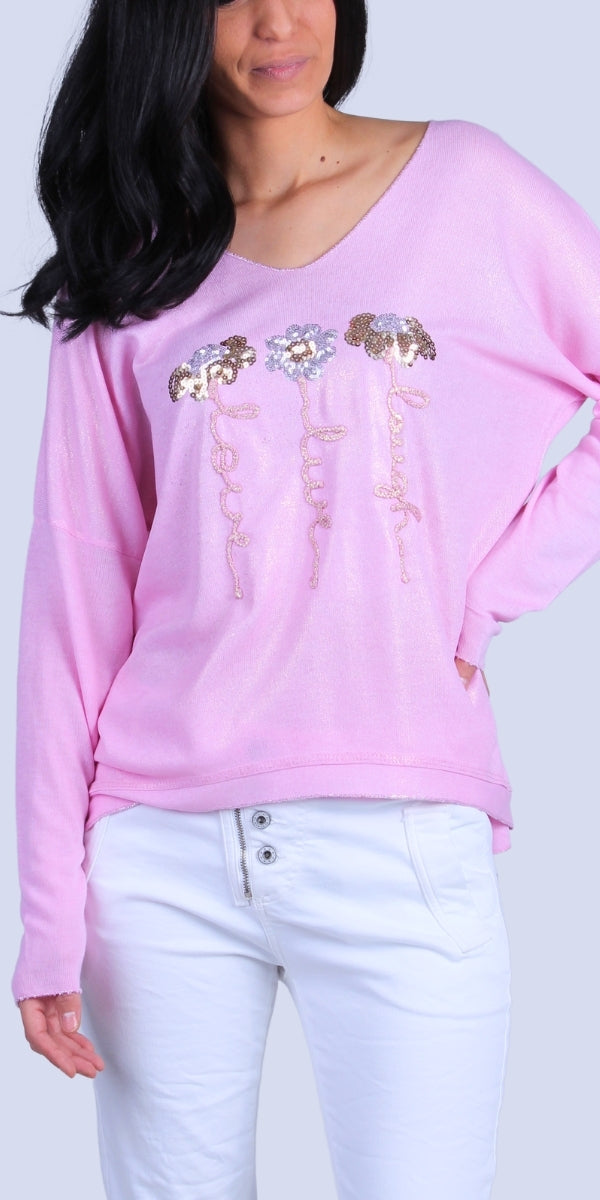 Alexis Top with Sequin Flowers - Gigi Moda - Made in Italy # Blouses, Comforatable fit, Flowers, Gigi Moda, Long Sleeve, Made in Italy, Rolled Sleeves, Sequins, shirt, Tops, Womans clothing