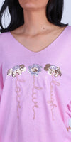 Alexis Top with Sequin Flowers - Gigi Moda - Made in Italy # Blouses, Comforatable fit, Flowers, Gigi Moda, Long Sleeve, Made in Italy, Rolled Sleeves, Sequins, shirt, Tops, Womans clothing