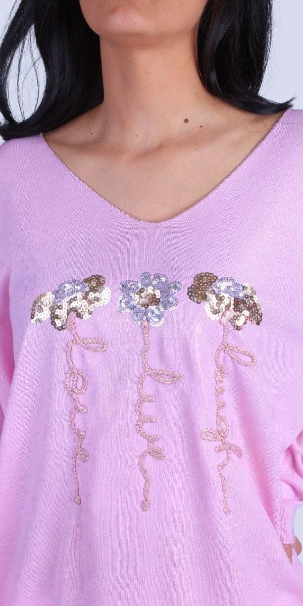 Alexis Top with Sequin Flowers - Gigi Moda - Made in Italy # Blouses, Comforatable fit, Flowers, Gigi Moda, Long Sleeve, Made in Italy, Rolled Sleeves, Sequins, shirt, Tops, Womans clothing