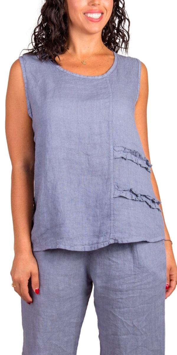 Palermo Linen Top - Gigi Moda - Made in Italy # 100% Linen, Gigi Moda, Linen, linen tank, Made in Italy, one size, OS, resort wear, ruffles, Sleeveless, spring, summer, Tank Top, Top