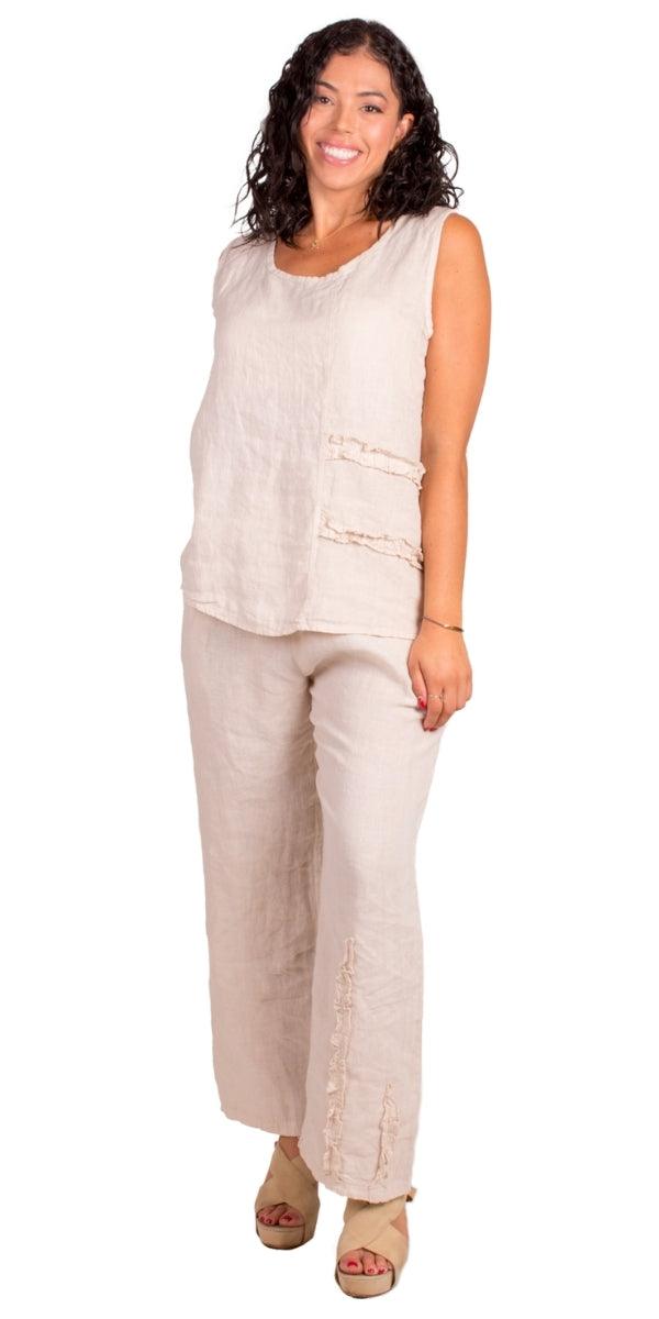 Palermo Linen Pants - Gigi Moda - Made in Italy # 100% Linen, bottoms, elastic waistband, Gigi Moda, Linen, linen pants, Made in Italy, Pants, resort, resort wear, Ruffle, ruffles, spring, stretch waistband, summer