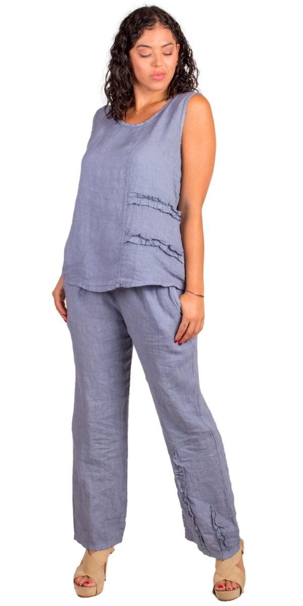 Palermo Linen Pants - Gigi Moda - Made in Italy # 100% Linen, bottoms, elastic waistband, Gigi Moda, Linen, linen pants, Made in Italy, Pants, resort, resort wear, Ruffle, ruffles, spring, stretch waistband, summer