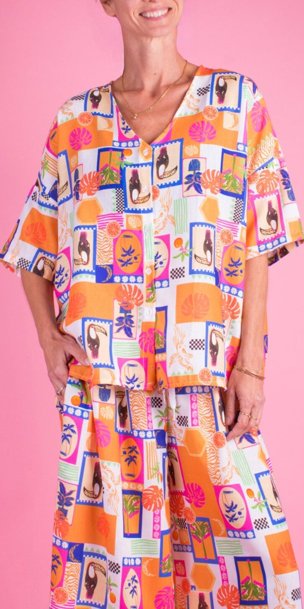 Tucano Button-Down Shirt - Gigi Moda - Made in Italy # button down, collar, Collared, collared shirt, front tie, Gigi Moda, italian apparel, italian brand, Italian Clothing, italian shirt, Made in Italy, OS, shirt, shop gigi moda, short sleeve, short sleeve top, Top, toucan, tropical, tropical print