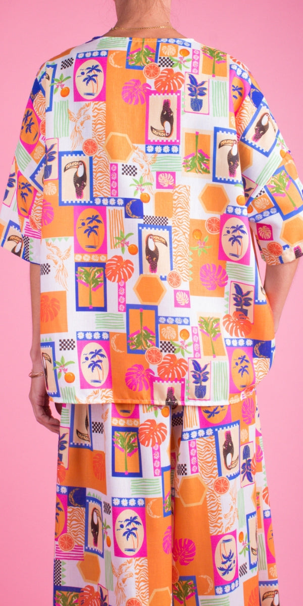 Tucano Button-Down Shirt - Gigi Moda - Made in Italy # button down, collar, Collared, collared shirt, front tie, Gigi Moda, italian apparel, italian brand, Italian Clothing, italian shirt, Made in Italy, OS, shirt, shop gigi moda, short sleeve, short sleeve top, Top, toucan, tropical, tropical print