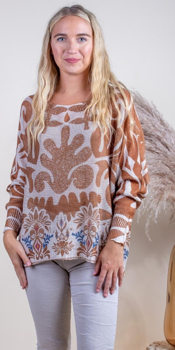 Emy Batwing Sweater with Azulejo Print - Gigi Moda - Made in Italy # Blouse, comfortable, comfortable fit, Cozy, Gigi Moda, Italian Clothing, italian top, Long Sleeve, Made in Italy, one size, Sleeves, Sweater, Top, washable, womens clothing, Womens Tops