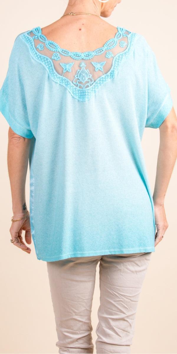 Mirabella Top - Gigi Moda - Made in Italy # Comfortable, Gigi Moda, Lace Top, Loose Fitting, Made in Italy, shirt, short sleeve, Top, V-Neck, v-neck top
