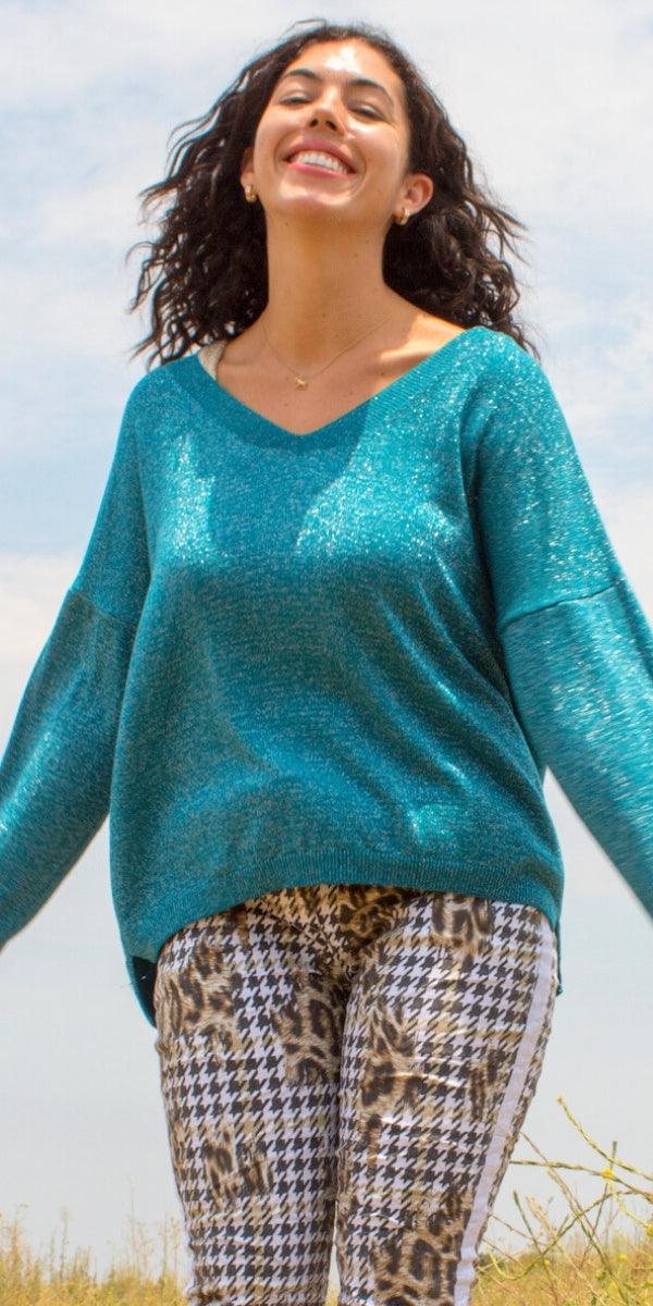 Ginetta Knit Top - Gigi Moda - Made in Italy # comforatable fit, Gigi Moda, Knit, Long Sleeve, lurex, made in italy, maxretail, shimmery, shop gigi moda, V Neck, womans clothing