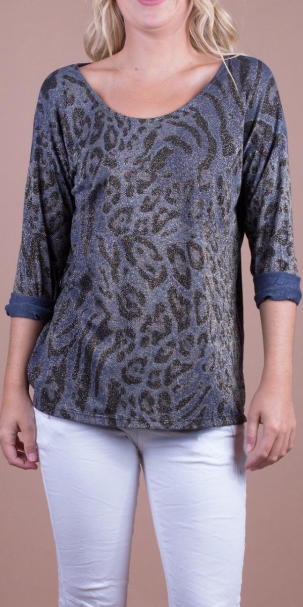 Milano Shimmer Blouse - Gigi Moda - Made in Italy # animal print, blouse, Gigi Moda, glitter, Long Sleeve, long sleeves, Made in Italy, Round Neck, Sweater, top