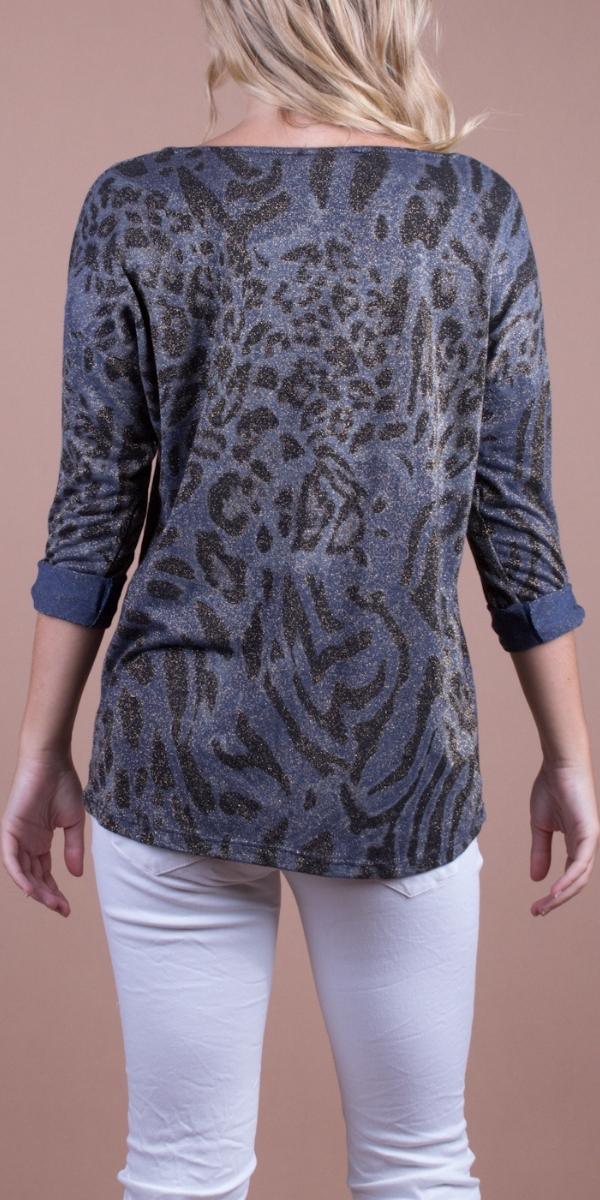 Milano Shimmer Blouse - Gigi Moda - Made in Italy # animal print, blouse, Gigi Moda, glitter, Long Sleeve, long sleeves, Made in Italy, Round Neck, Sweater, top
