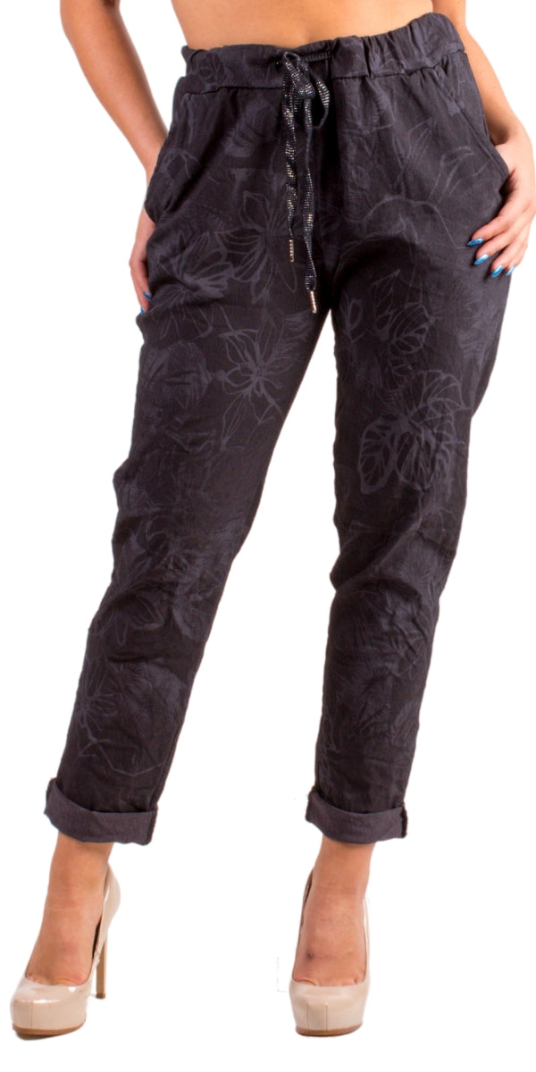 Cornelia Aloha Print Pant - Gigi Moda - Made in Italy # cropped, cropped pant, Cropped pants, drawstring, drawstring pant, drawstring pants, floral, floral design, floral pattern, Floral Print, Gigi Moda, ikat print, Italian Clothing, linen, Made in Italy, Multi Floral Print, Pants, stretchy, summer, Tie waist, washable