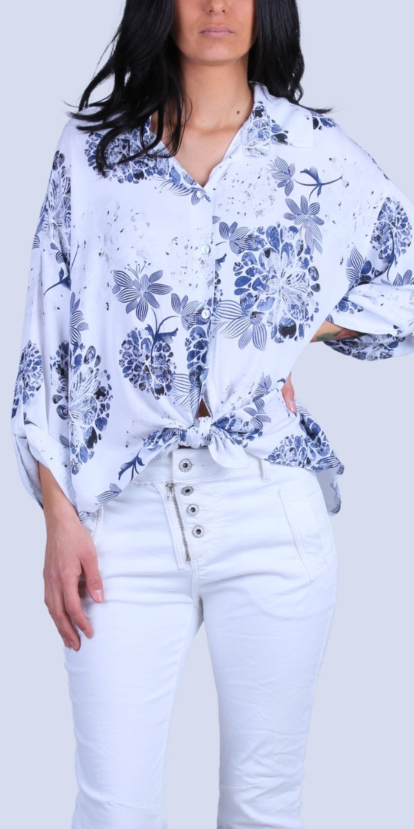 Sia Button-Down Shirt - Gigi Moda - Made in Italy # button down, collared, floral, floral design, Floral Print, front tie, Gigi Moda, italian apparel, italian brand, Italian Clothing, italian shirt, Made in Italy, Multi Floral Print, online shopping, OS, Rolled Sleeves, shirt, shop gigi moda, Top