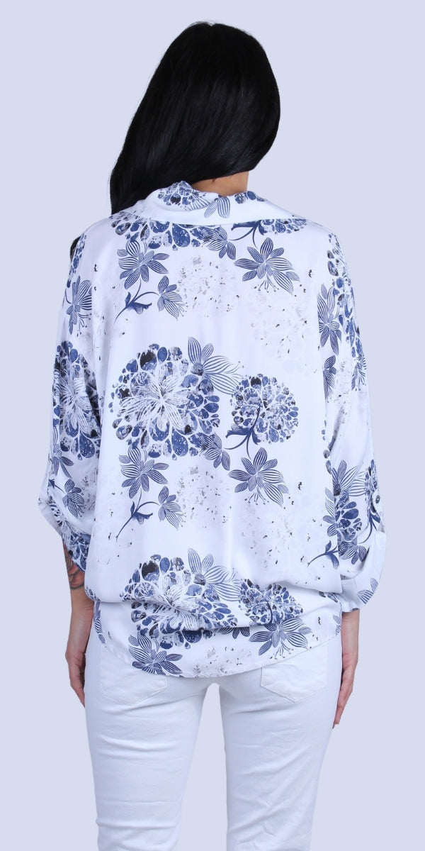 Sia Button-Down Shirt - Gigi Moda - Made in Italy # button down, collared, floral, floral design, Floral Print, front tie, Gigi Moda, italian apparel, italian brand, Italian Clothing, italian shirt, Made in Italy, Multi Floral Print, online shopping, OS, Rolled Sleeves, shirt, shop gigi moda, Top