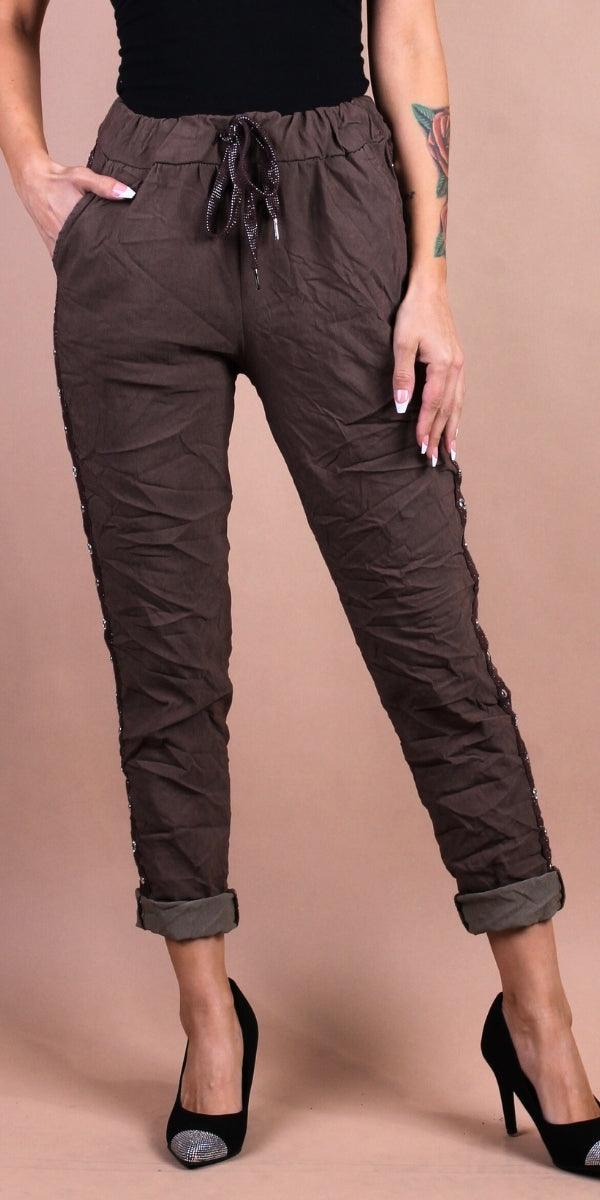 Camilla Stud Pant - Gigi Moda - Made in Italy # cropped, cropped pant, Cropped pants, drawstring, drawstring pant, drawstring pants, Gigi Moda, Italian Clothing, Made in Italy, Pants, Silver Stud, stretchy, studded, studs, Tie waist, washable