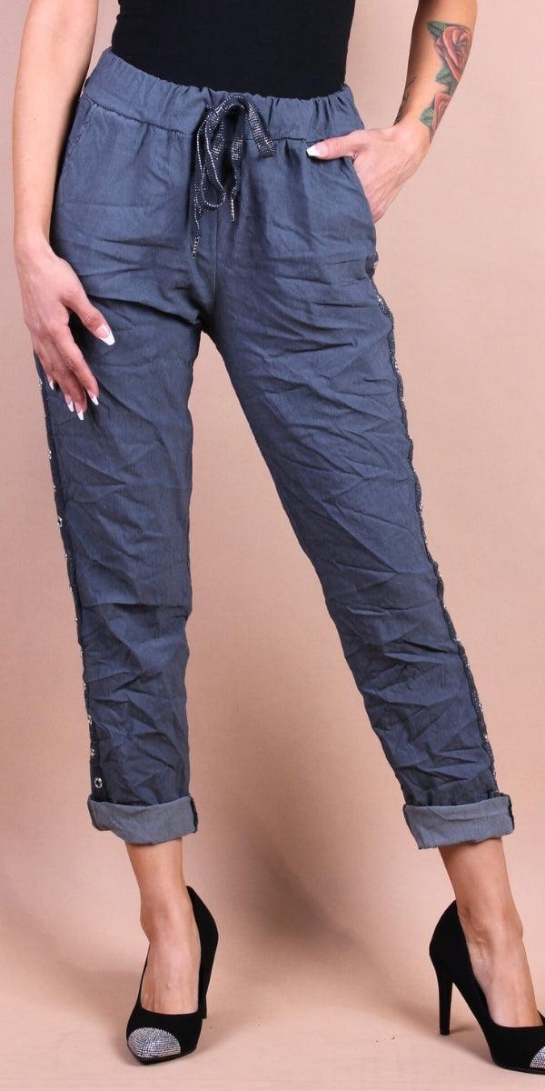 Camilla Stud Pant - Gigi Moda - Made in Italy # cropped, cropped pant, Cropped pants, drawstring, drawstring pant, drawstring pants, Gigi Moda, Italian Clothing, Made in Italy, Pants, Silver Stud, stretchy, studded, studs, Tie waist, washable