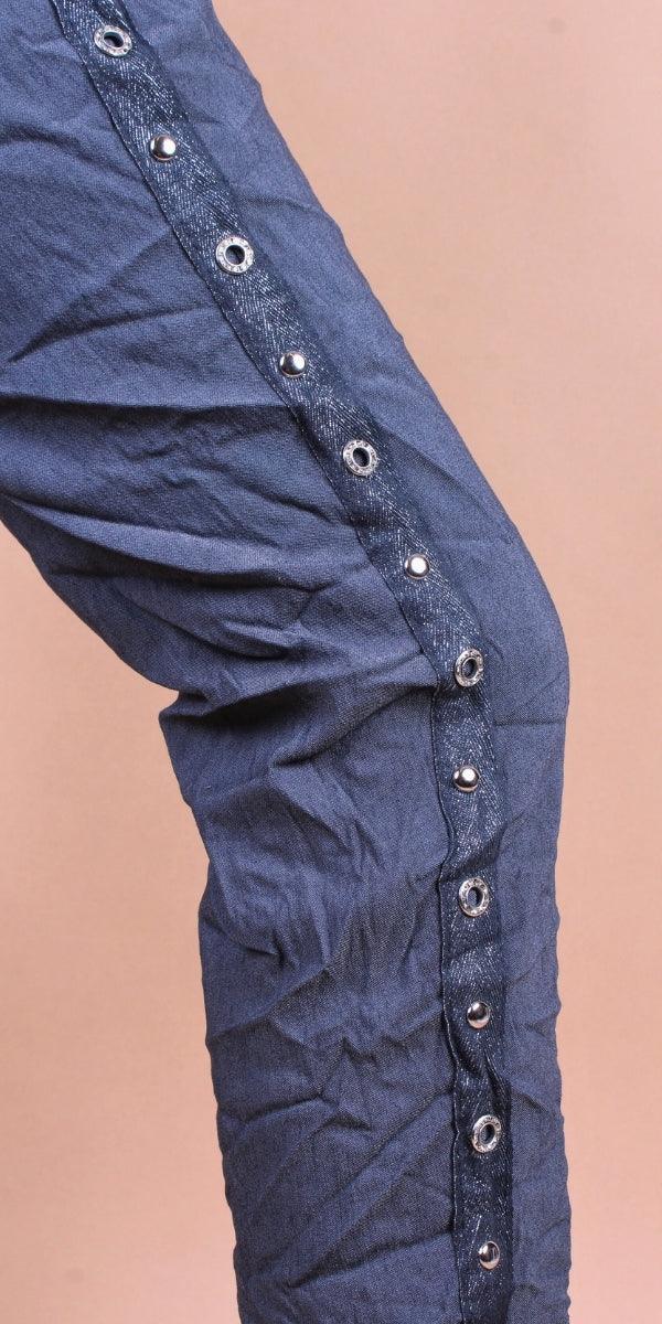 Camilla Stud Pant - Gigi Moda - Made in Italy # cropped, cropped pant, Cropped pants, drawstring, drawstring pant, drawstring pants, Gigi Moda, Italian Clothing, Made in Italy, Pants, Silver Stud, stretchy, studded, studs, Tie waist, washable