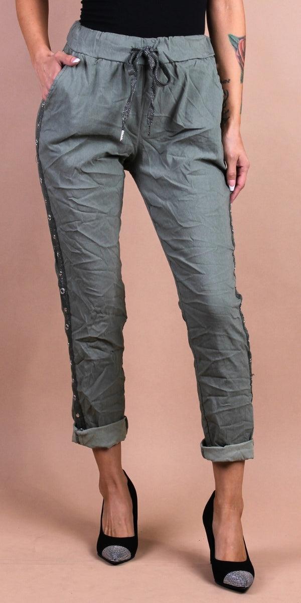 Camilla Stud Pant - Gigi Moda - Made in Italy # cropped, cropped pant, Cropped pants, drawstring, drawstring pant, drawstring pants, Gigi Moda, Italian Clothing, Made in Italy, Pants, Silver Stud, stretchy, studded, studs, Tie waist, washable