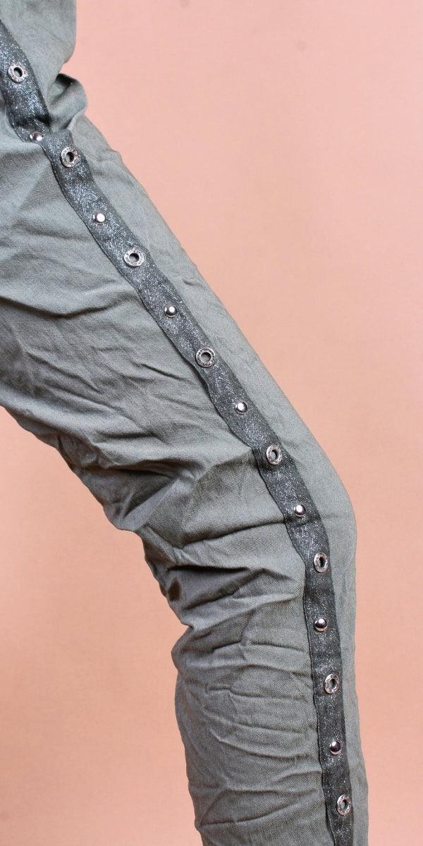 Camilla Stud Pant - Gigi Moda - Made in Italy # cropped, cropped pant, Cropped pants, drawstring, drawstring pant, drawstring pants, Gigi Moda, Italian Clothing, Made in Italy, Pants, Silver Stud, stretchy, studded, studs, Tie waist, washable