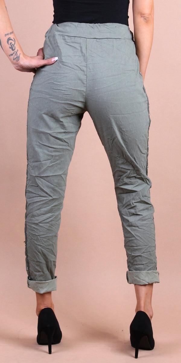 Camilla Stud Pant - Gigi Moda - Made in Italy # cropped, cropped pant, Cropped pants, drawstring, drawstring pant, drawstring pants, Gigi Moda, Italian Clothing, Made in Italy, Pants, Silver Stud, stretchy, studded, studs, Tie waist, washable