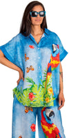 Pappagallo Button-Down Shirt - Gigi Moda - Made in Italy # button down, collar, Collared, collared shirt, faux denim, Gigi Moda, italian apparel, italian brand, Italian Clothing, italian shirt, Made in Italy, OS, parrot, resort, resort wear, shirt, shop gigi moda, short sleeve, Top, tropical, tropical print