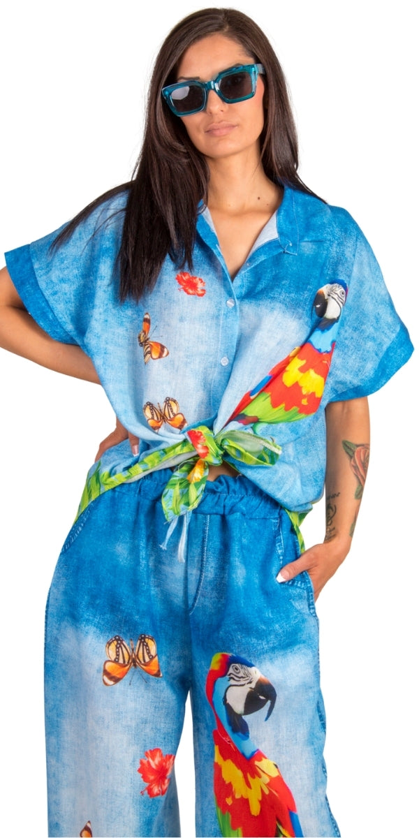 Pappagallo Button-Down Shirt - Gigi Moda - Made in Italy # button down, collar, Collared, collared shirt, faux denim, Gigi Moda, italian apparel, italian brand, Italian Clothing, italian shirt, Made in Italy, OS, parrot, resort, resort wear, shirt, shop gigi moda, short sleeve, Top, tropical, tropical print