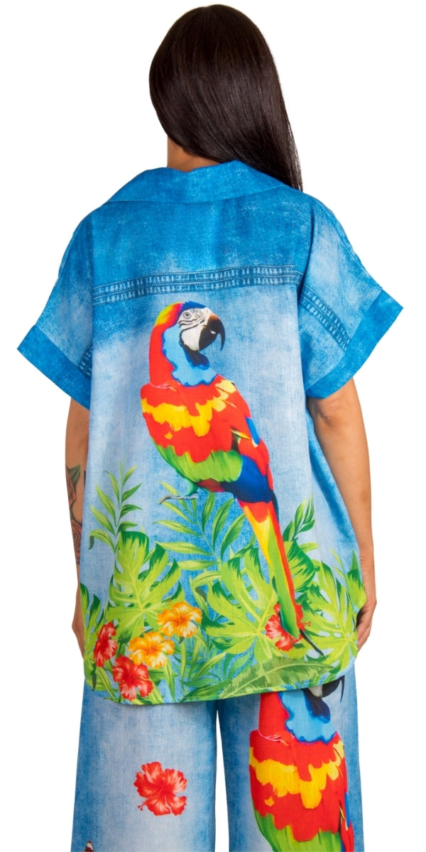 Pappagallo Button-Down Shirt - Gigi Moda - Made in Italy # button down, collar, Collared, collared shirt, faux denim, Gigi Moda, italian apparel, italian brand, Italian Clothing, italian shirt, Made in Italy, OS, parrot, resort, resort wear, shirt, shop gigi moda, short sleeve, Top, tropical, tropical print
