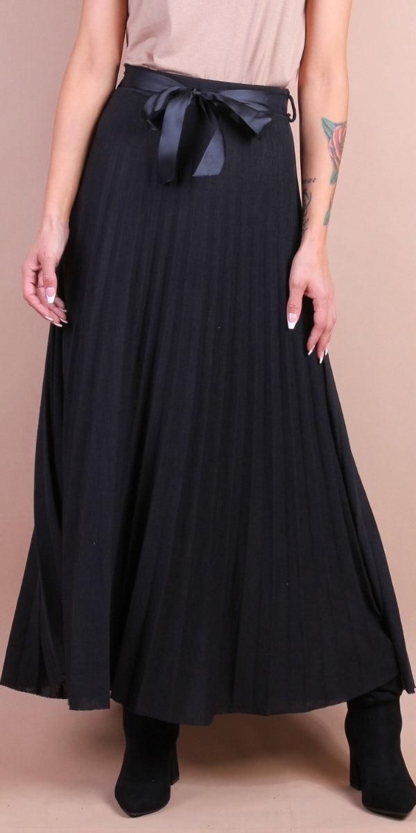 Di Lana Skirt - Gigi Moda - Made in Italy # belted, elastic waistband, gigi moda, Made in Italy, mid length, midi skirt, pleated, pleated skirt, ribbon, skirt