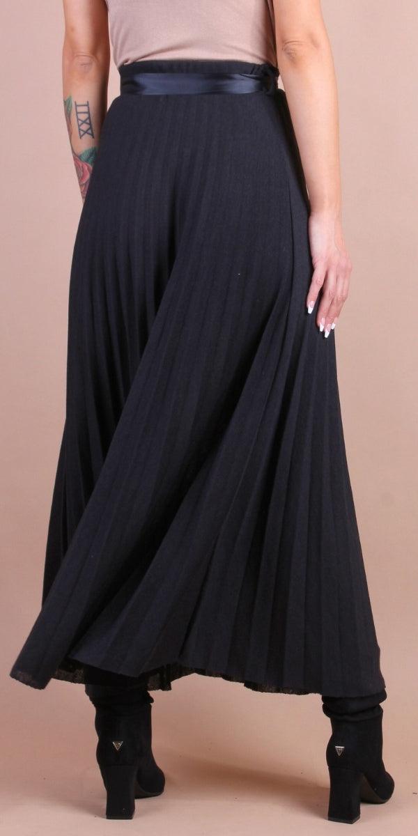 Di Lana Skirt - Gigi Moda - Made in Italy # belted, elastic waistband, gigi moda, Made in Italy, mid length, midi skirt, pleated, pleated skirt, ribbon, skirt