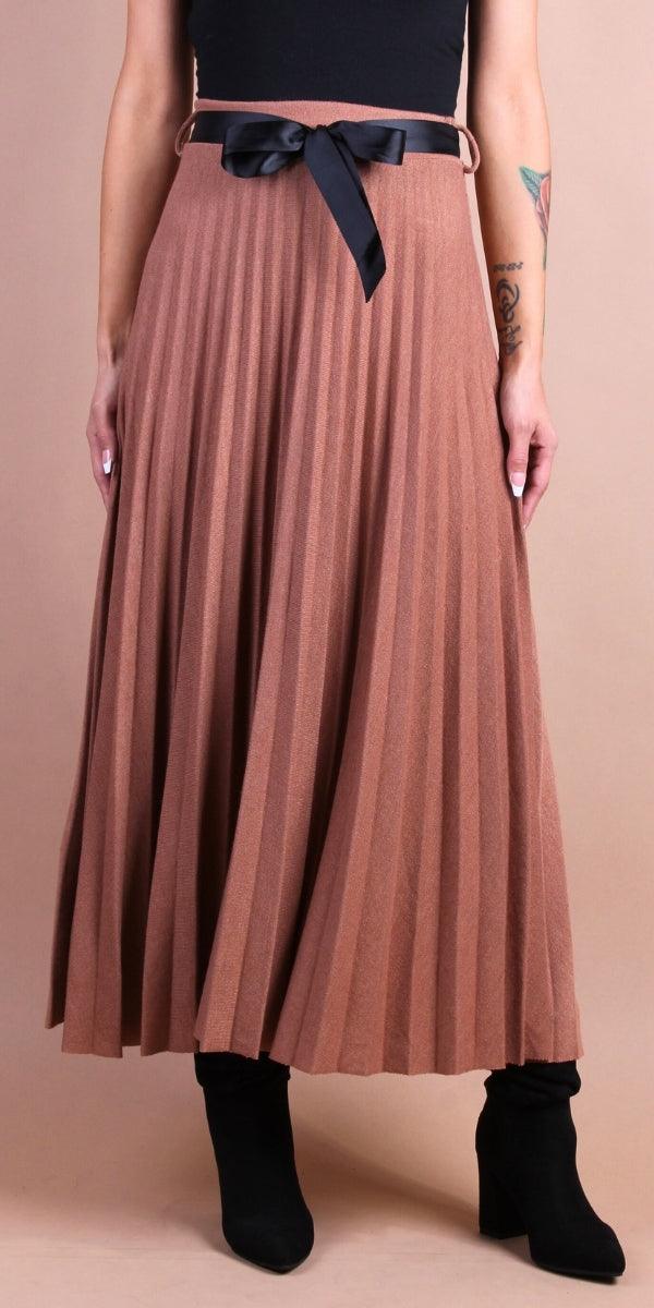 Di Lana Skirt - Gigi Moda - Made in Italy # belted, elastic waistband, gigi moda, Made in Italy, mid length, midi skirt, pleated, pleated skirt, ribbon, skirt