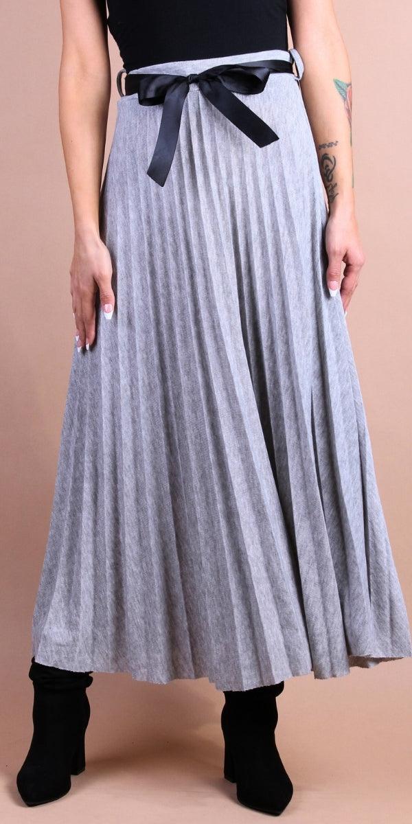 Di Lana Skirt - Gigi Moda - Made in Italy # belted, elastic waistband, gigi moda, Made in Italy, mid length, midi skirt, pleated, pleated skirt, ribbon, skirt