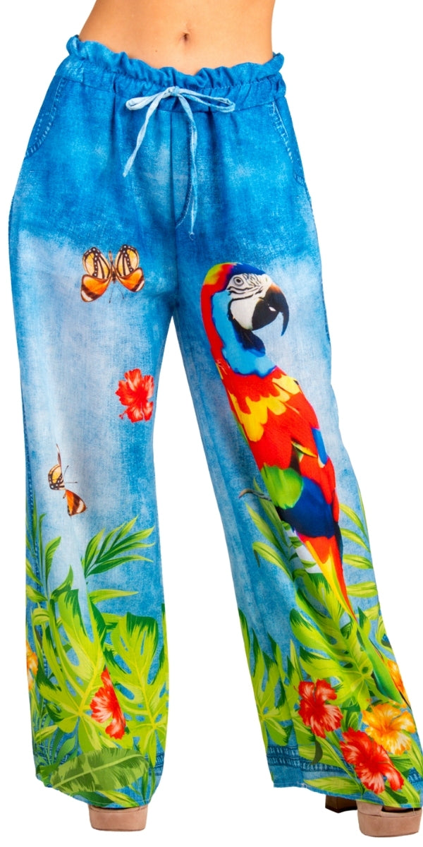 Pappagallo Pant - Gigi Moda - Made in Italy # bottoms, elastic waistband, faux denim, Gigi Moda, Made in Italy, OS, Pants, parrot, Pockets, resort, resort wear, stretch waistband, summer, Tie waist, tropical, tropical print, WIDE LEG