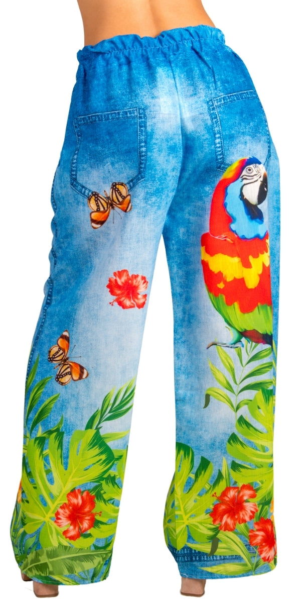 Pappagallo Pant - Gigi Moda - Made in Italy # bottoms, elastic waistband, faux denim, Gigi Moda, Made in Italy, OS, Pants, parrot, Pockets, resort, resort wear, stretch waistband, summer, Tie waist, tropical, tropical print, WIDE LEG