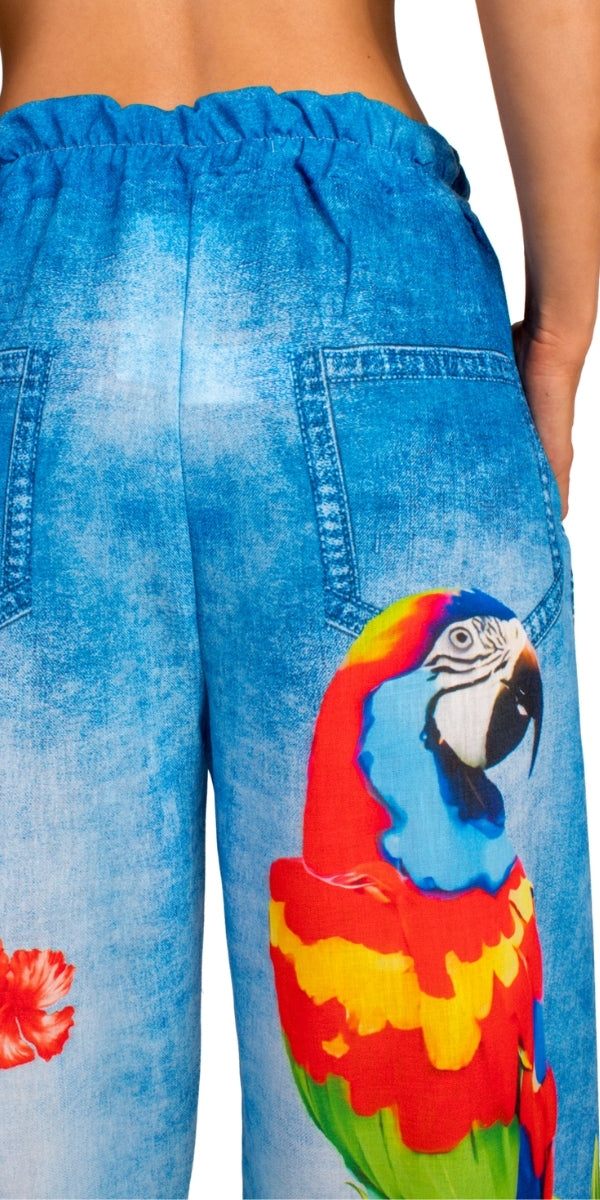 Pappagallo Pant - Gigi Moda - Made in Italy # bottoms, elastic waistband, faux denim, Gigi Moda, Made in Italy, OS, Pants, parrot, Pockets, resort, resort wear, stretch waistband, summer, Tie waist, tropical, tropical print, WIDE LEG