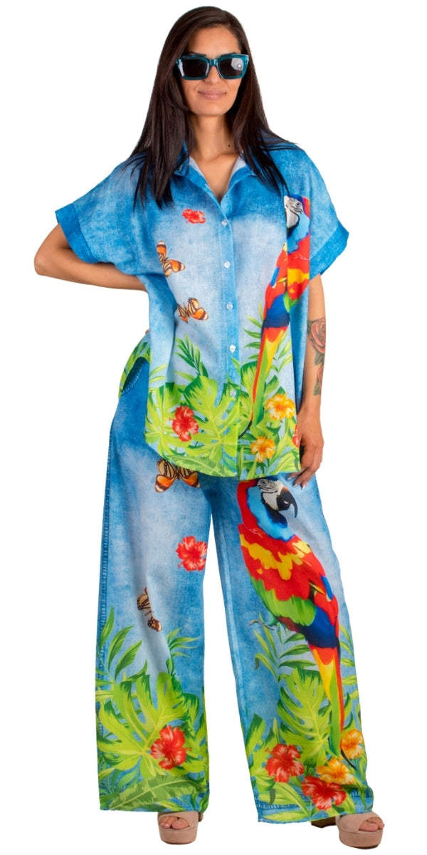 Pappagallo Pant - Gigi Moda - Made in Italy # bottoms, elastic waistband, faux denim, Gigi Moda, Made in Italy, OS, Pants, parrot, Pockets, resort, resort wear, stretch waistband, summer, Tie waist, tropical, tropical print, WIDE LEG