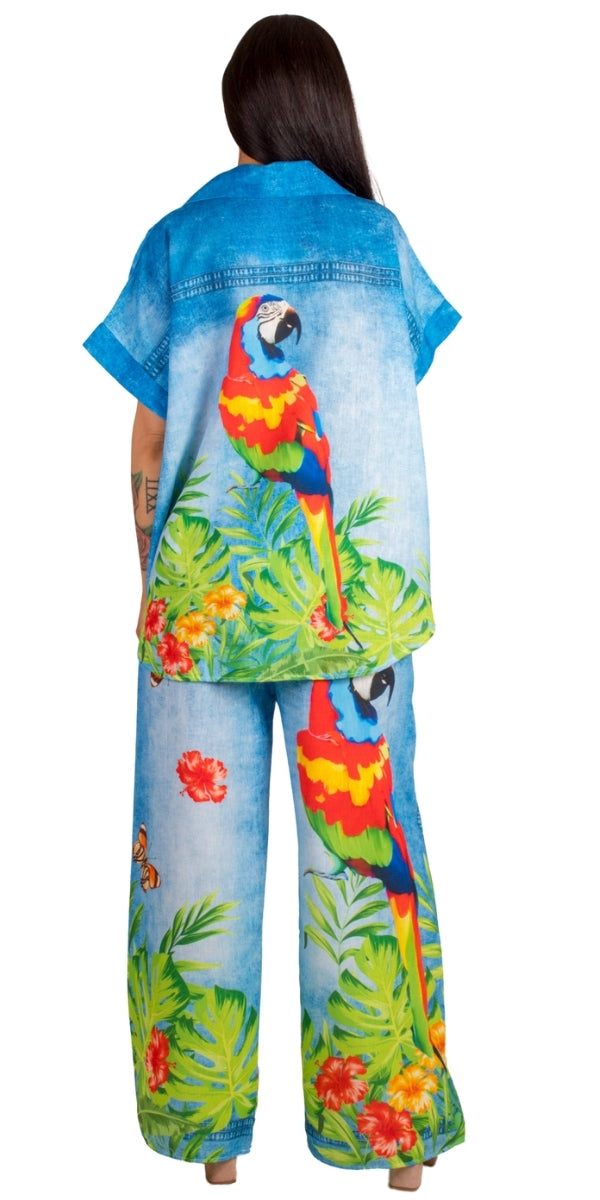 Pappagallo Pant - Gigi Moda - Made in Italy # bottoms, elastic waistband, faux denim, Gigi Moda, Made in Italy, OS, Pants, parrot, Pockets, resort, resort wear, stretch waistband, summer, Tie waist, tropical, tropical print, WIDE LEG