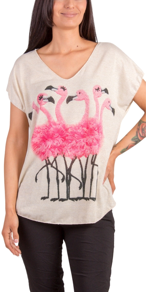 Flamingo Knit Top - Gigi Moda - Made in Italy # Cap Sleeve, comforatable fit, Flamingo, flower print, Gigi Moda, Knit, lurex, made in italy, shop gigi moda, V Neck, womans clothing