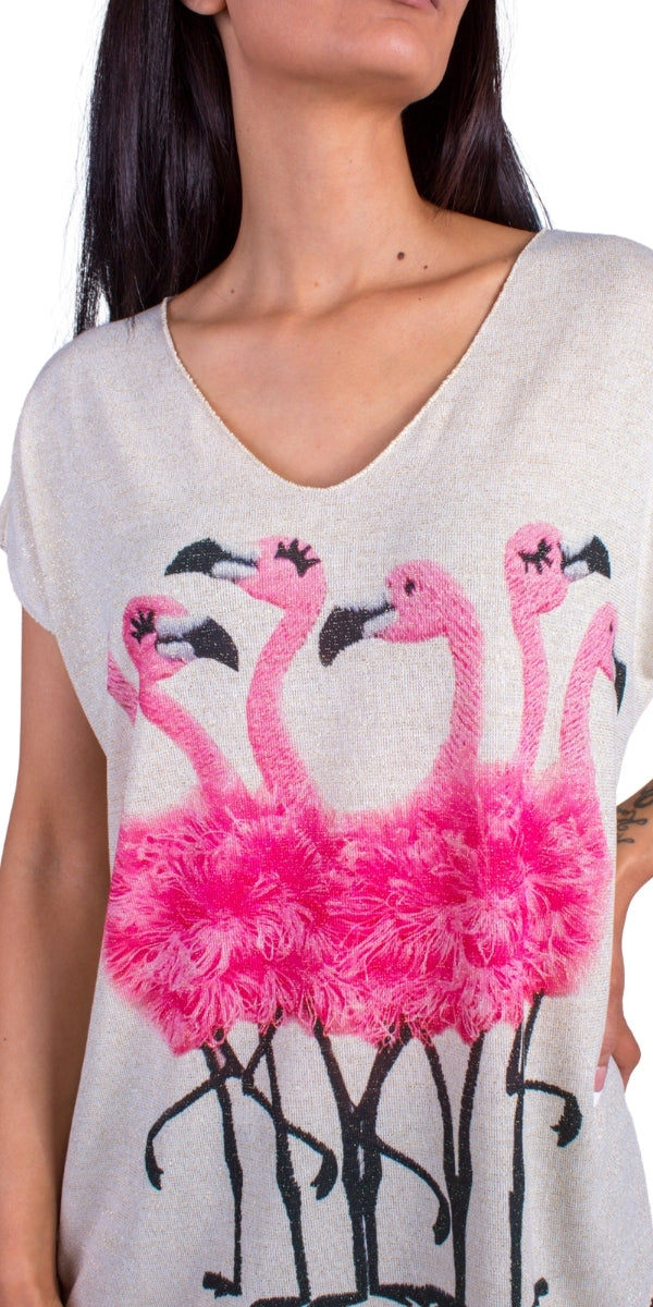 Flamingo Knit Top - Gigi Moda - Made in Italy # Cap Sleeve, comforatable fit, Flamingo, flower print, Gigi Moda, Knit, lurex, made in italy, shop gigi moda, V Neck, womans clothing